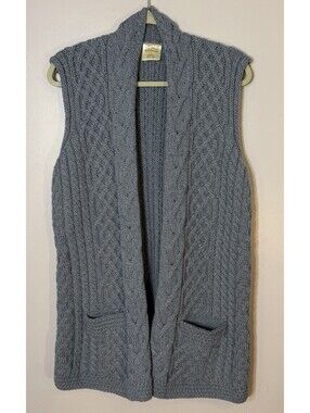 Kilronan Irish Merino Wool Open Sweater Vest Long Cable Knit Grey Cardigan Med